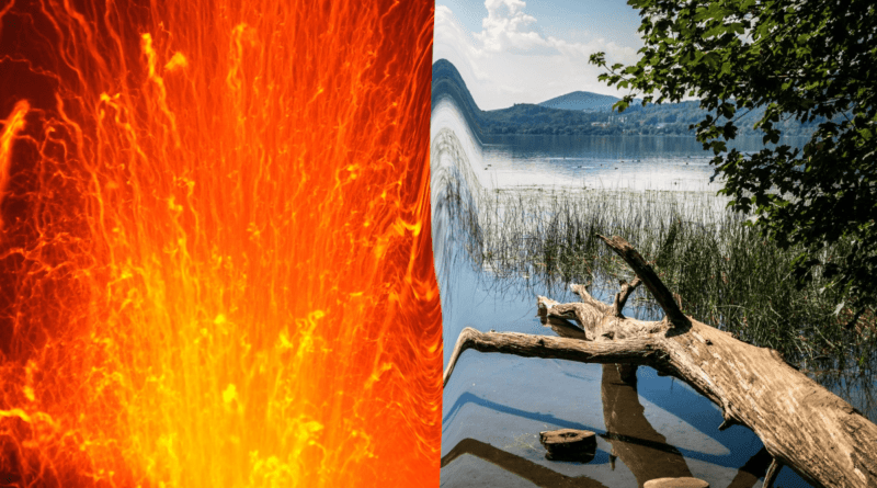 Links: Vulkanexplosion; Rechts: Bild vom Laacher See