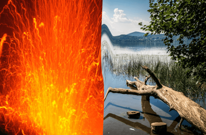 Links: Vulkanexplosion; Rechts: Bild vom Laacher See